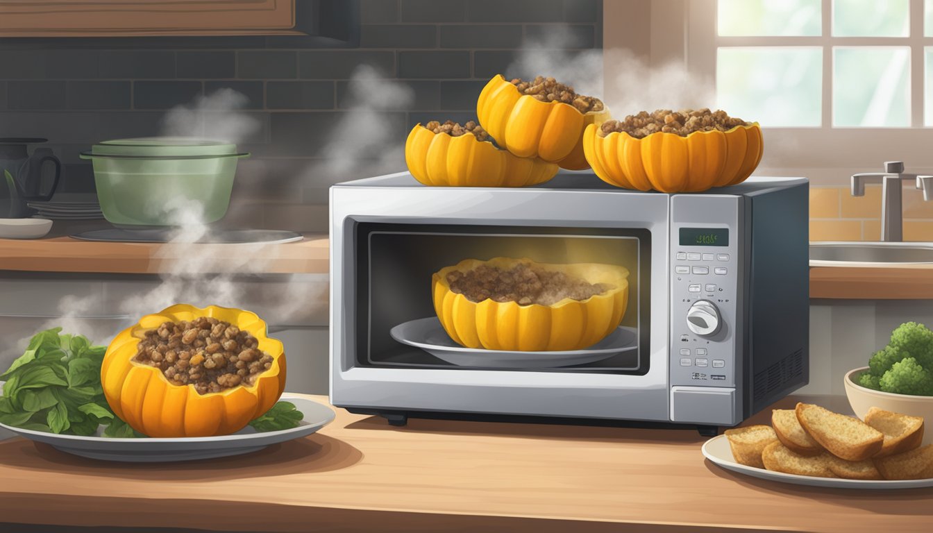 A microwave with a plate of gluten free stuffed acorn squash inside, steam rising from the dish