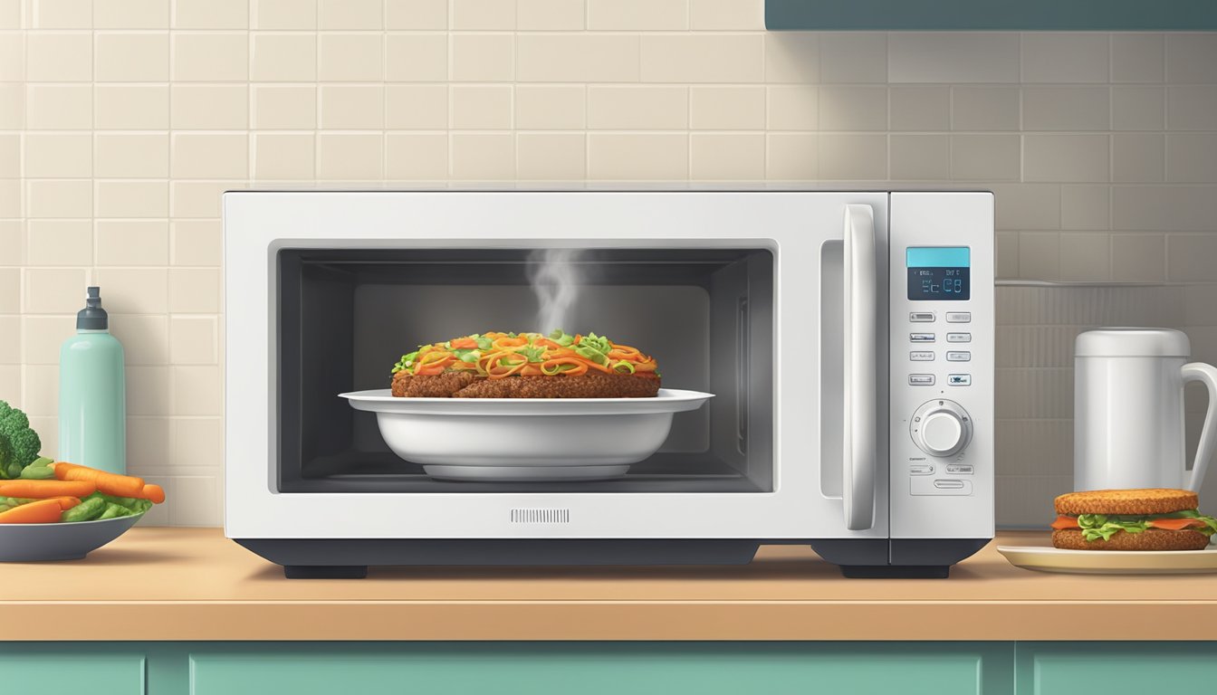 A microwave with a plate of gluten-free veggie burgers inside, steam rising from the hot food