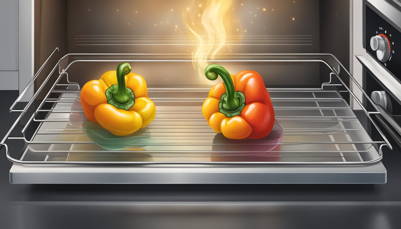 A baking sheet with gluten free stuffed bell peppers in the oven, with the oven door open and heat emanating from the inside