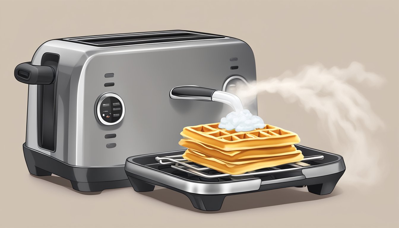 A plate of gluten-free waffles being reheated in a toaster, with steam rising from the golden-brown waffles