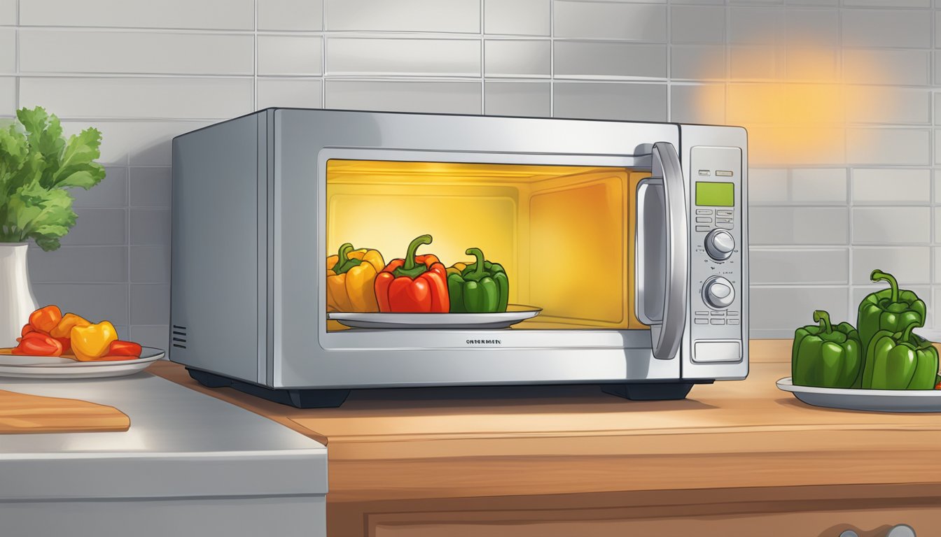 A microwave with a plate of gluten-free stuffed bell peppers inside, steam rising from the peppers as they are being reheated