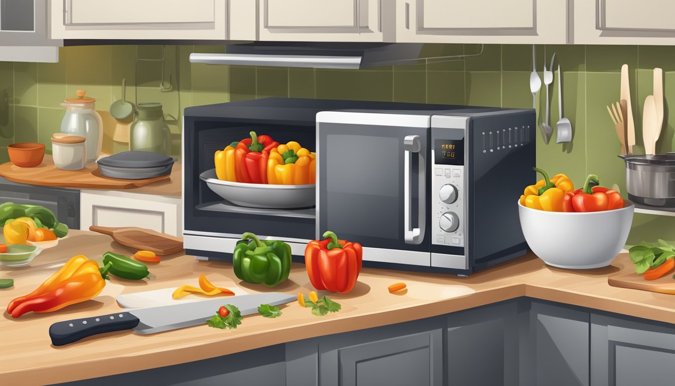 A kitchen counter with a microwave, oven, and stovetop. A cutting board with bell peppers, a bowl of filling, and various kitchen utensils scattered around