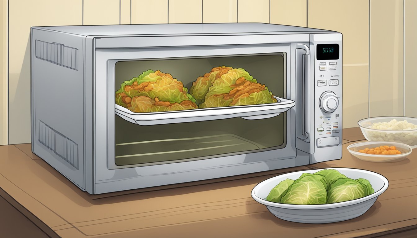 A microwave with a plate of gluten free stuffed cabbage rolls inside, steam rising from the dish