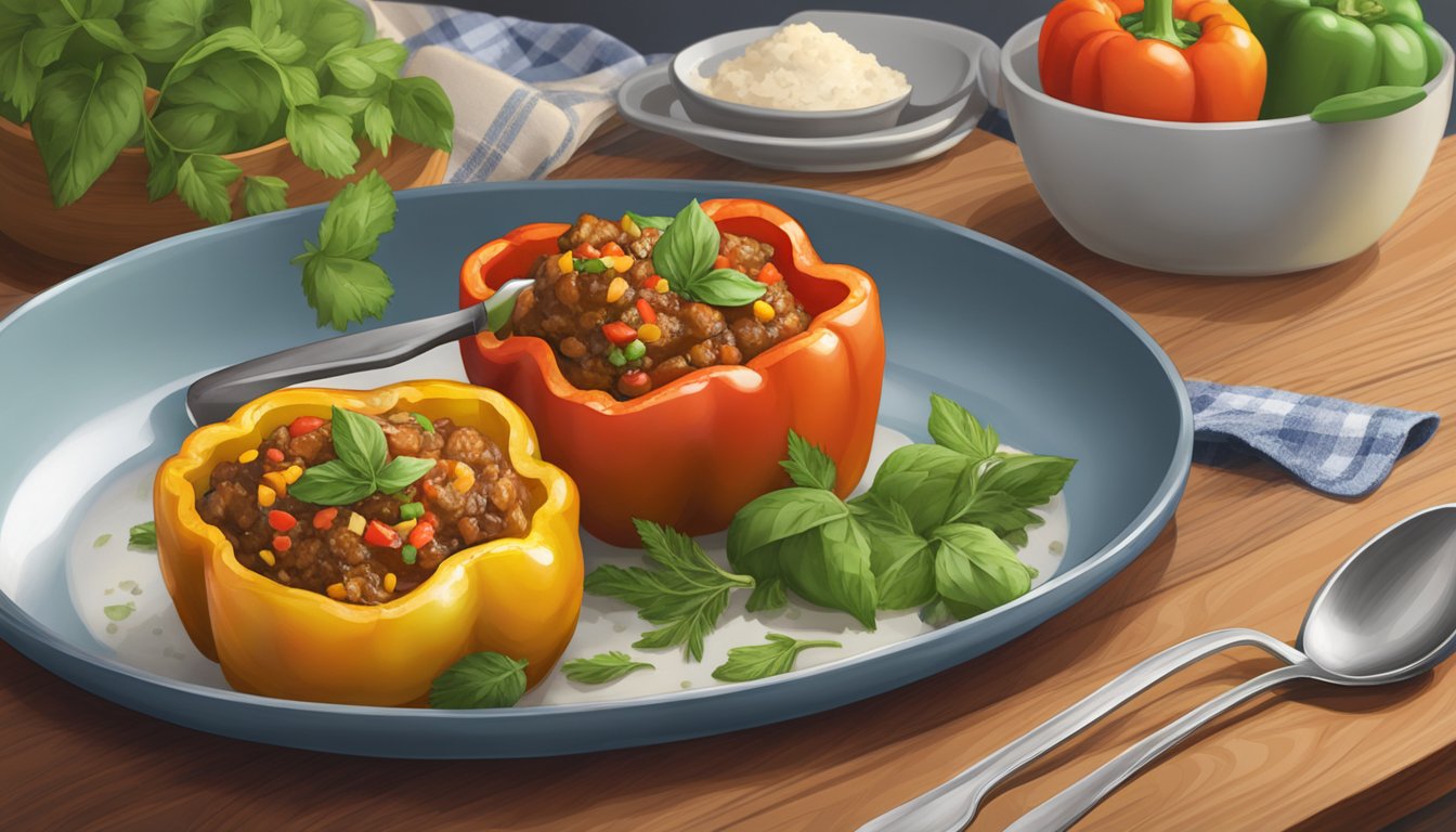 A plate of reheated gluten free stuffed bell peppers, garnished with fresh herbs, sits on a wooden table next to a serving spoon and a colorful napkin