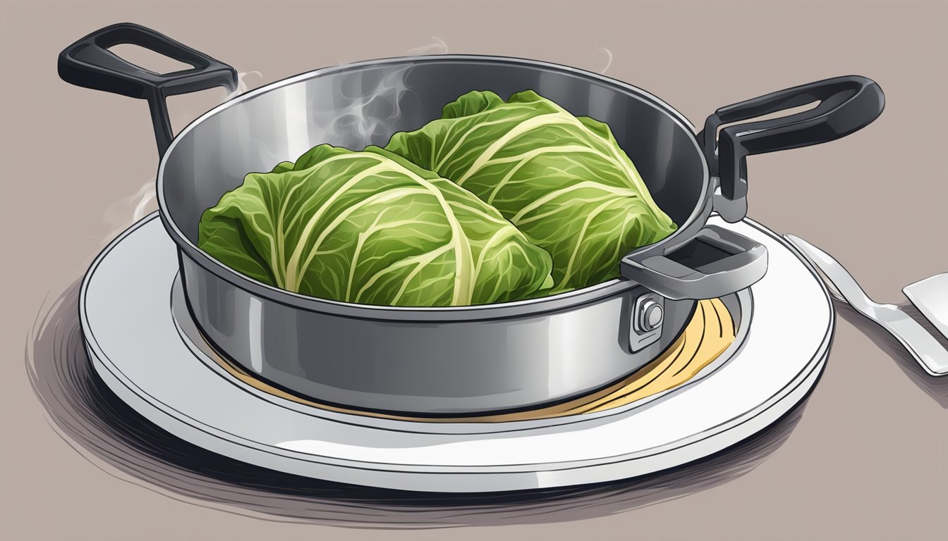 A pair of tongs lifting a steaming gluten-free stuffed cabbage roll from a pot onto a waiting plate