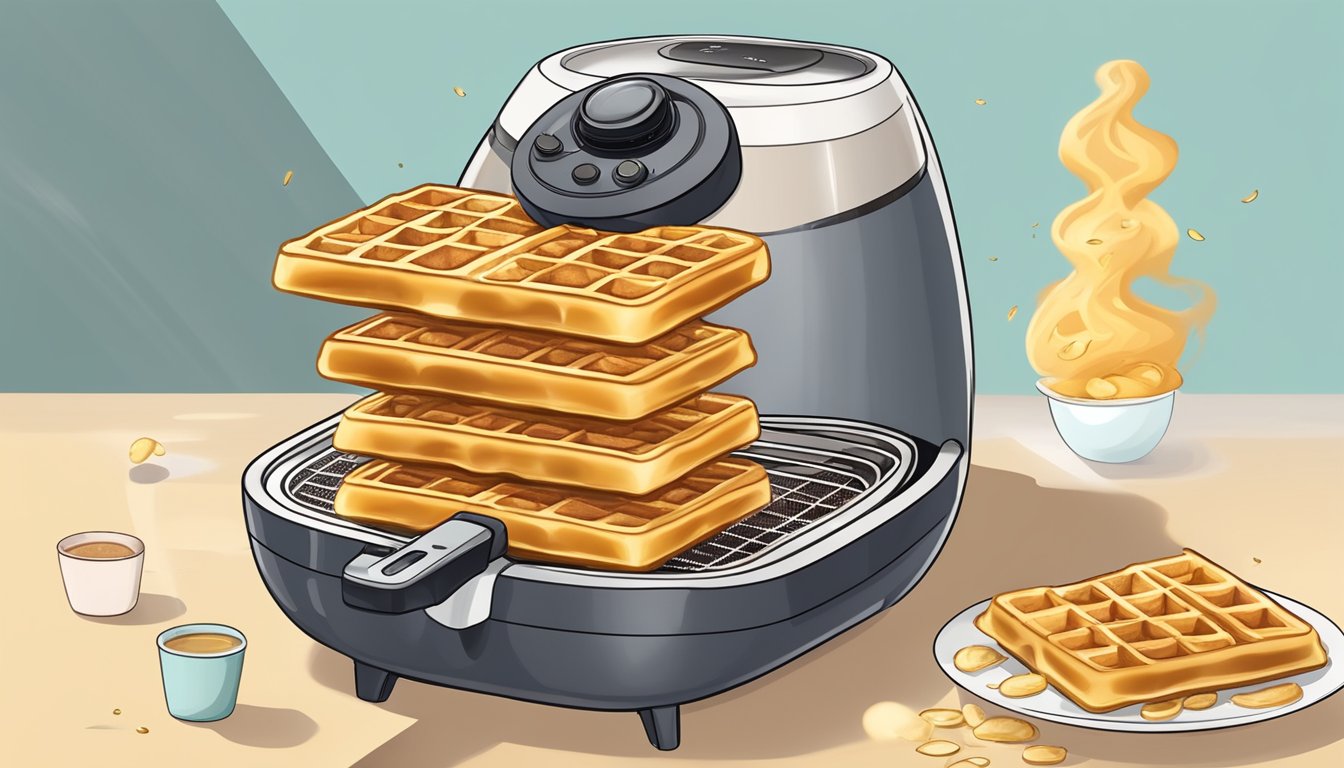 A gluten-free waffle sits inside an air fryer, surrounded by hot air swirling around it, giving off a golden, crispy exterior