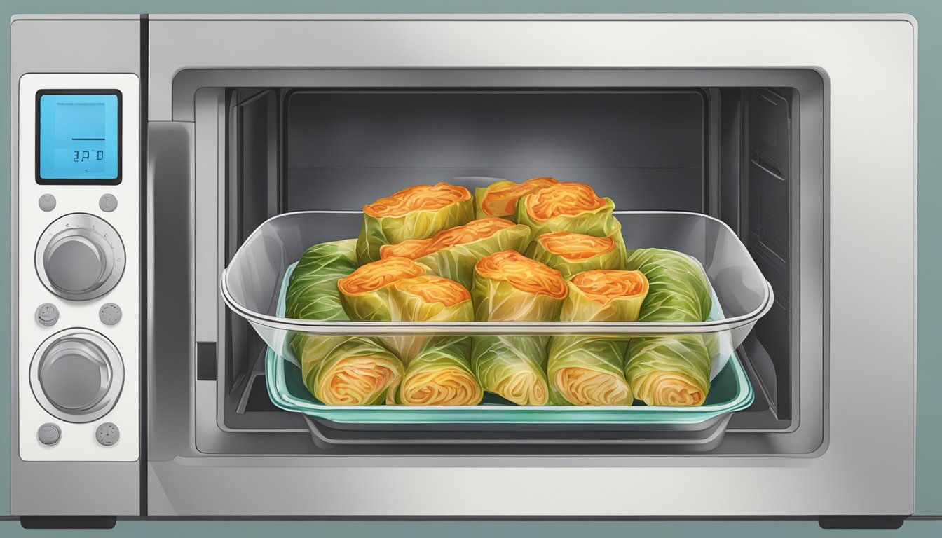 A plate of gluten-free stuffed cabbage rolls being reheated in the microwave