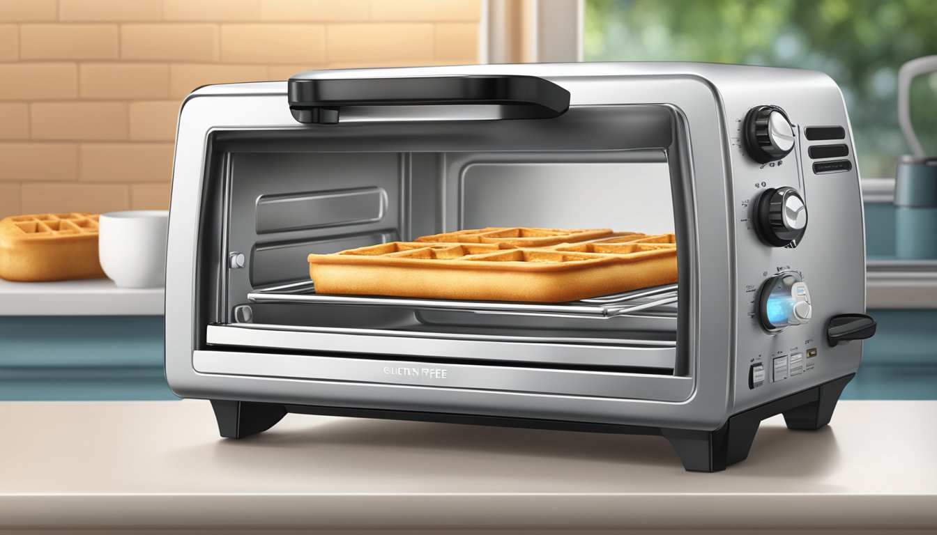 A toaster oven with gluten free waffles inside, emitting steam