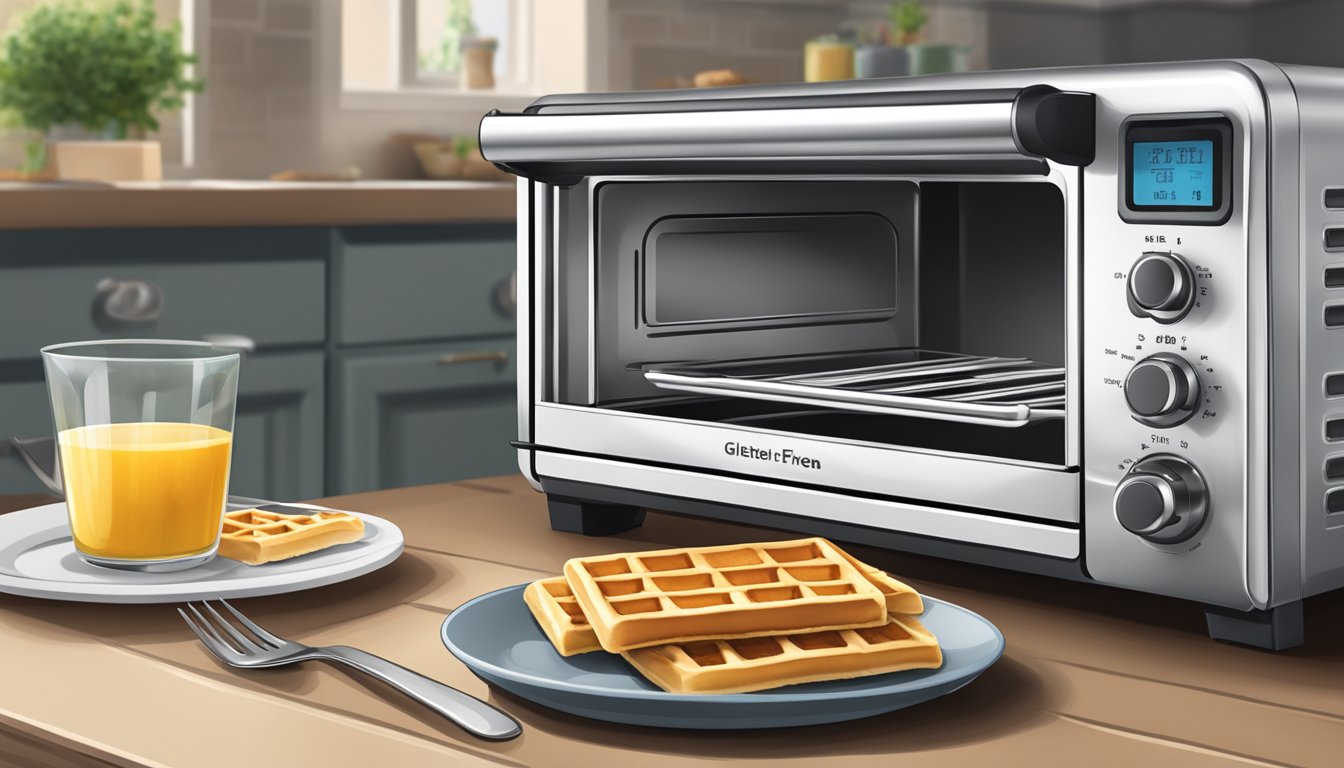 A toaster oven with gluten-free waffles inside, a plate, and a fork beside it