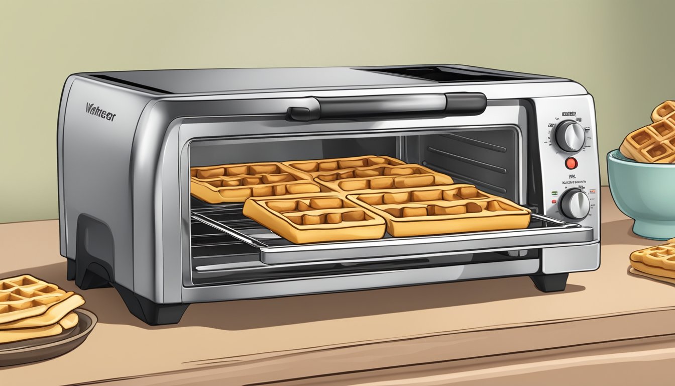 A toaster oven with gluten free waffles inside, set to a low heat setting, with a timer counting down