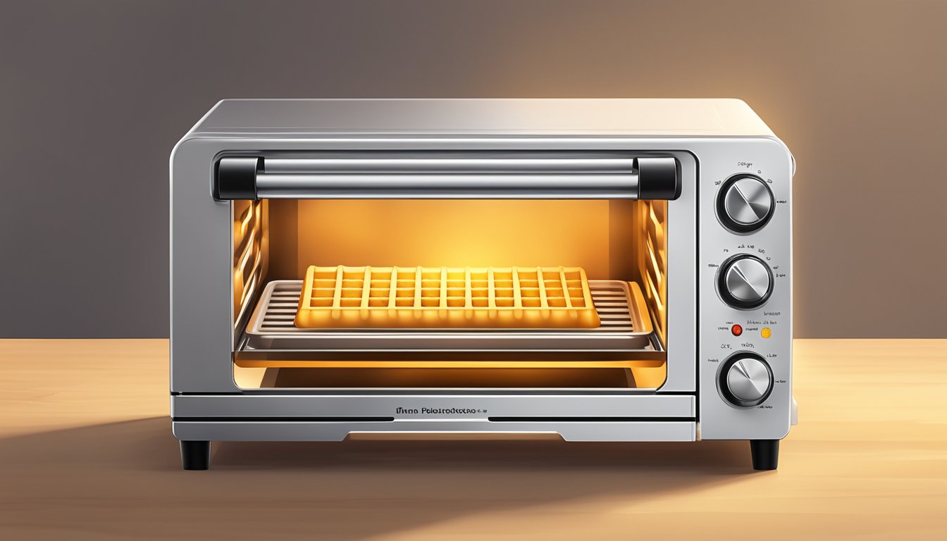 A toaster oven with gluten-free waffles inside, emitting a warm glow as they are being reheated