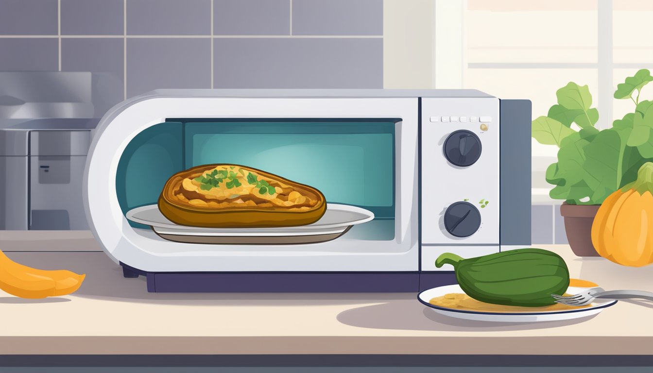 A gluten-free stuffed eggplant sits on a microwave-safe plate, covered with a microwave-safe lid. The microwave timer reads 2:30