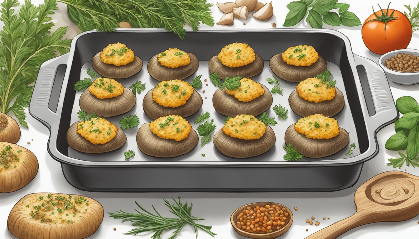 A baking sheet with golden gluten-free stuffed mushrooms, surrounded by fresh herbs and spices