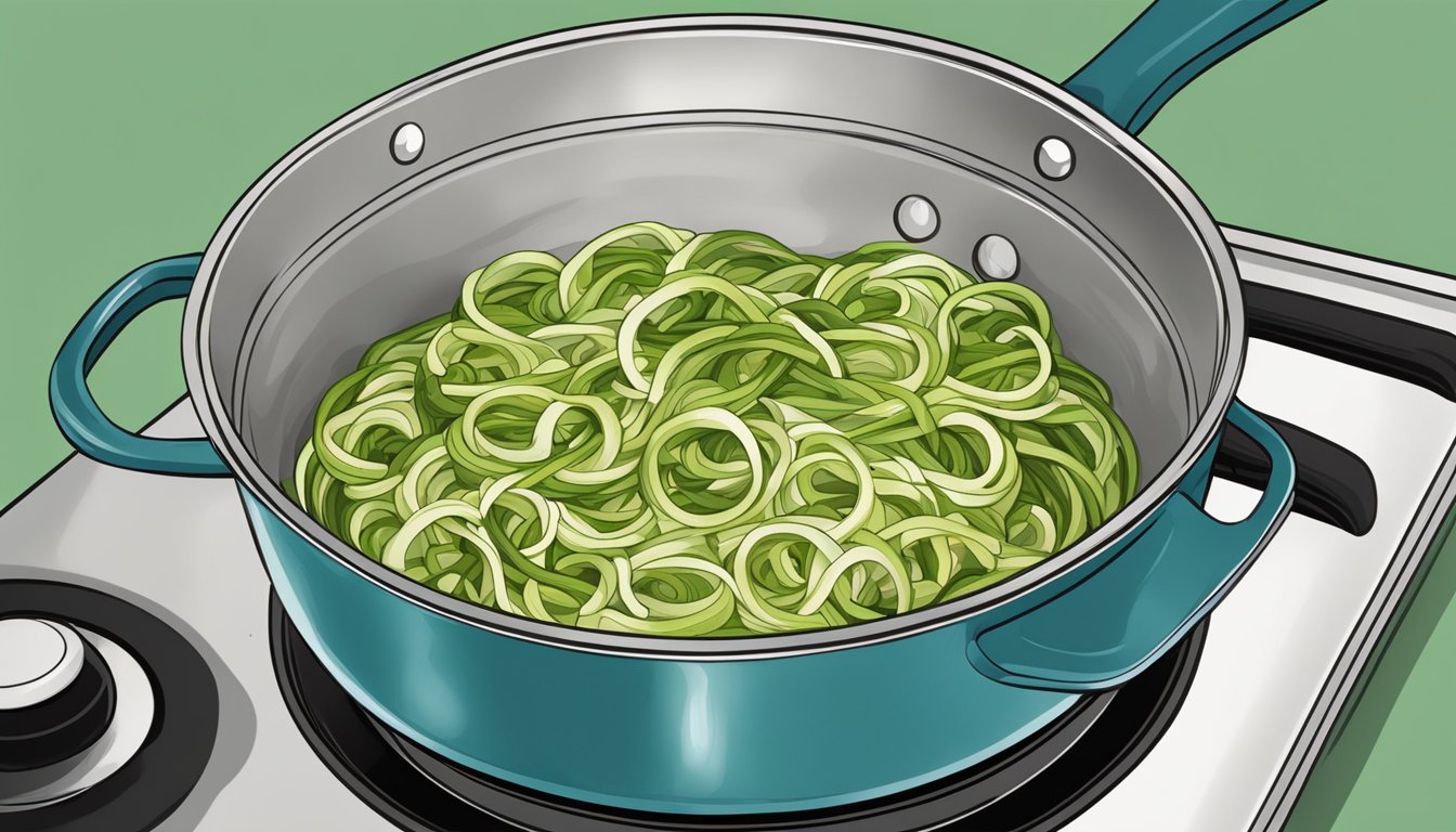 A steaming bowl of gluten-free zucchini noodles being reheated in a skillet on a stovetop