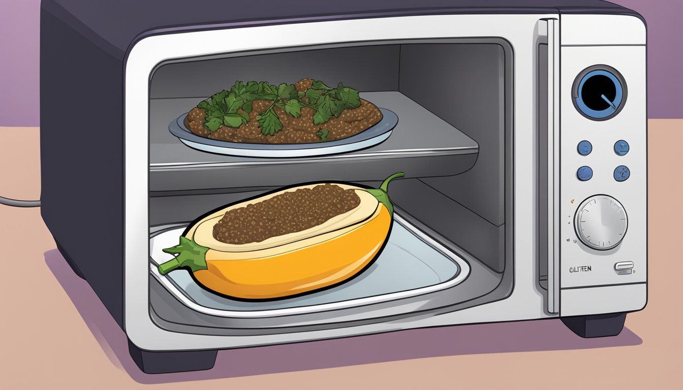 A gluten free stuffed eggplant sits in a microwave-safe dish, covered with a microwave-safe lid. The dish is placed in the microwave and the timer is set for reheating