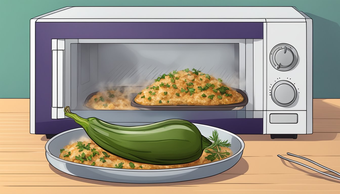 A steaming plate of gluten-free stuffed eggplant being reheated in the microwave, with the aroma of herbs and spices filling the air