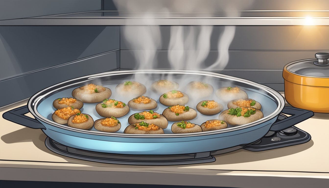 A plate of gluten free stuffed mushrooms being reheated in the oven, with steam rising from the dish, and a timer set nearby