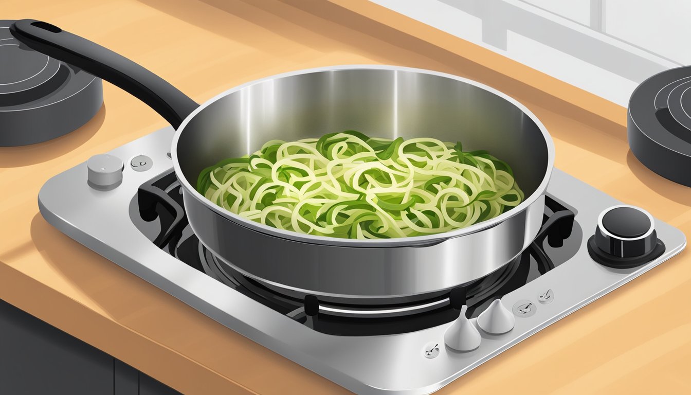 A steaming pot with gluten free zucchini noodles being gently reheated over a stovetop