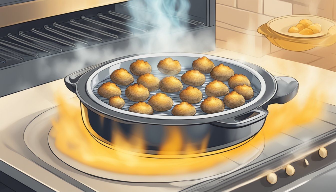 A plate of gluten free stuffed mushrooms being reheated in the oven, with steam rising from the golden brown mushrooms