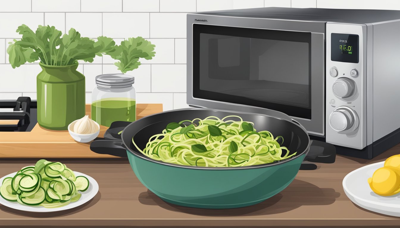 A microwave with a bowl of gluten free zucchini noodles inside, a stovetop with a pot of boiling water, and a skillet with olive oil and garlic