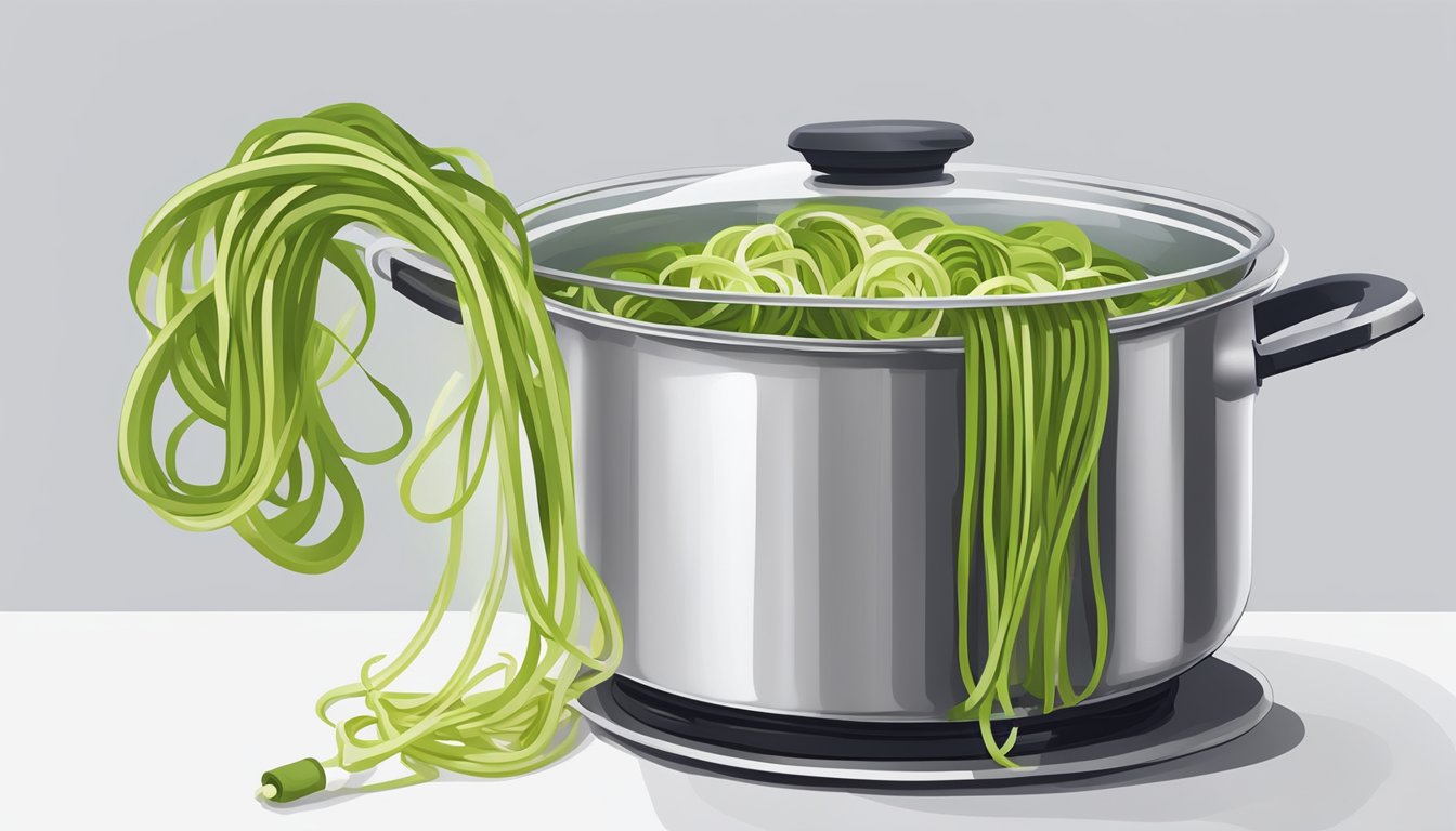 A pot of boiling water with zucchini noodles being gently lowered in