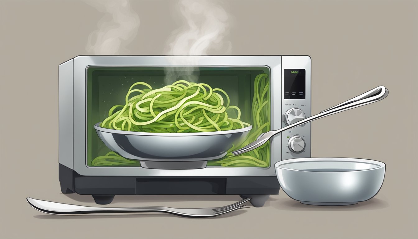 A steaming bowl of gluten-free zucchini noodles being heated in a microwave-safe dish, with a fork resting on the side