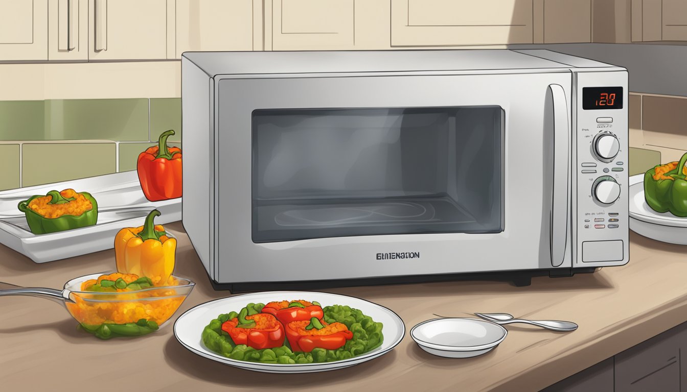 A microwave next to a plate of gluten free stuffed peppers, with steam rising from the peppers as they are being reheated