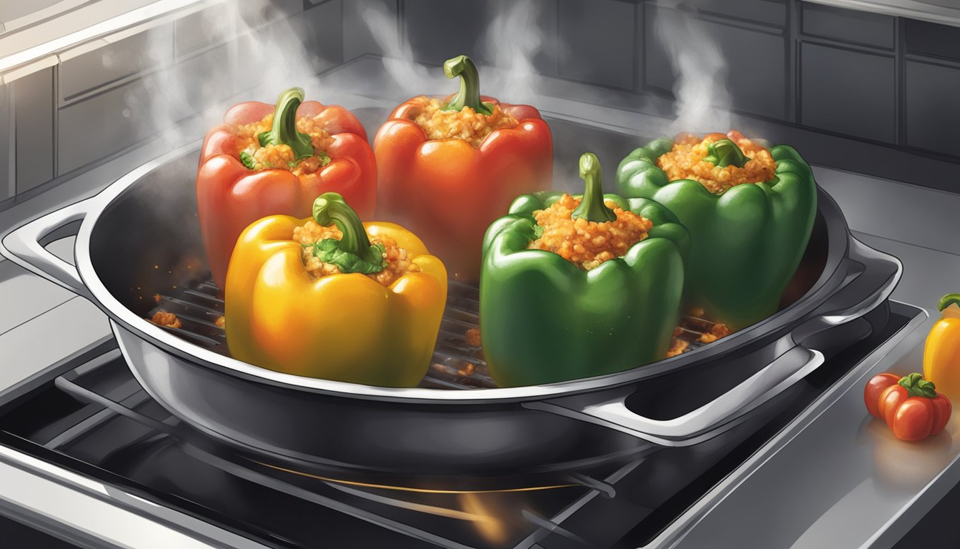 Gluten-free stuffed peppers being reheated in the oven, steam rising from the dish as the peppers glisten with moisture