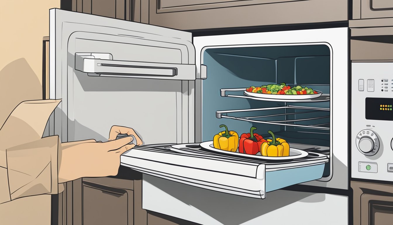 A microwave with a plate of gluten-free stuffed peppers inside, a hand reaching to open the microwave door. A fridge with containers of leftovers neatly organized on the shelves