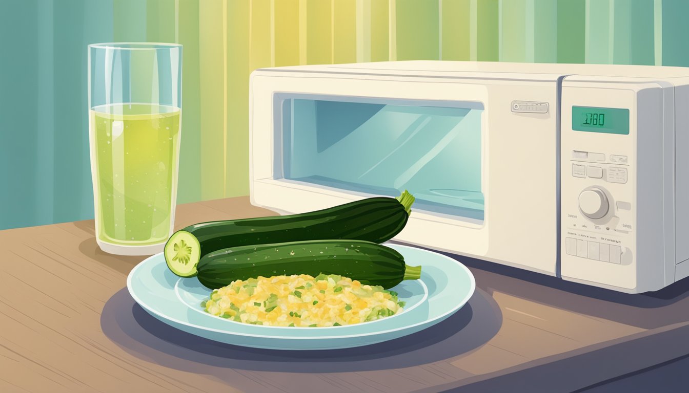 A plate with gluten-free stuffed zucchini placed in the microwave next to a glass of water