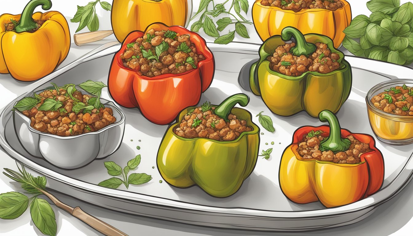 A platter of reheated gluten free stuffed peppers with garnishes and herbs, ready to be served