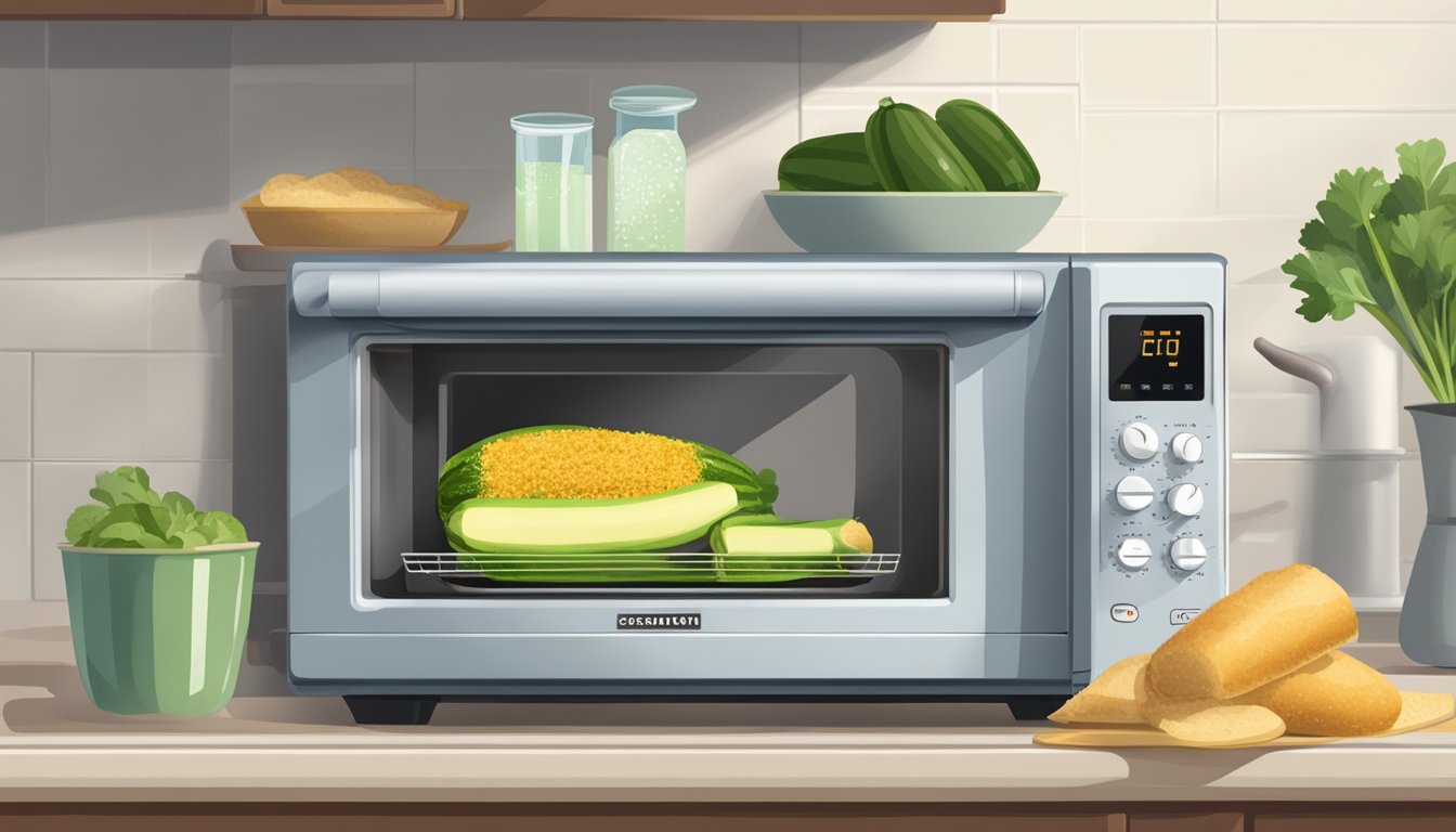 A microwave with a plate of gluten free stuffed zucchini inside, a toaster oven, and a stovetop with a pot of water for steaming