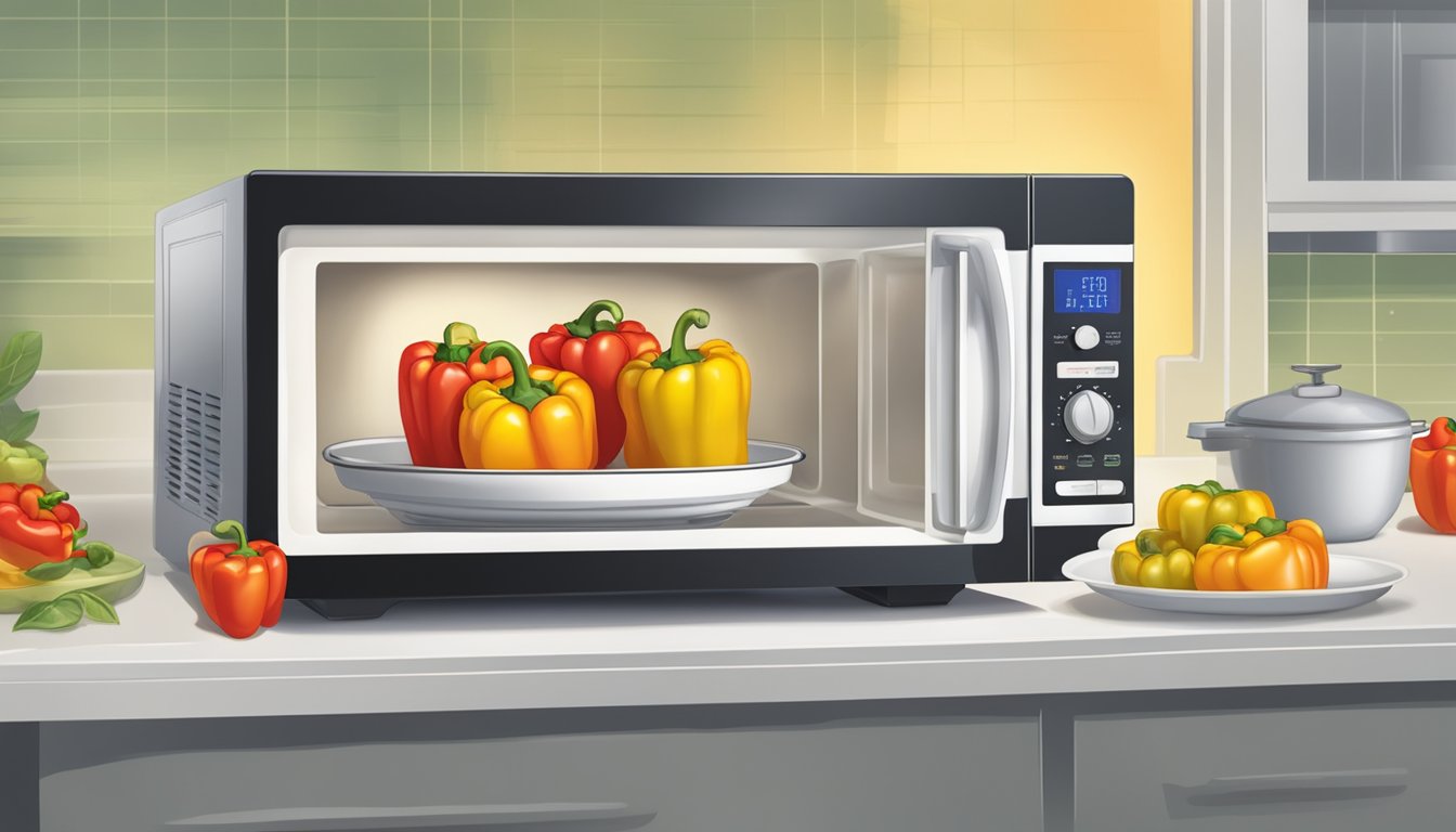 A microwave with a plate of gluten-free stuffed peppers inside, steam rising from the dish