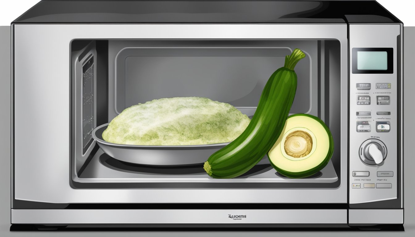 A plate of gluten-free stuffed zucchini sits in the center of a microwave, surrounded by a damp paper towel. The microwave timer is set for 2 minutes, and the zucchini is steaming as it reheats