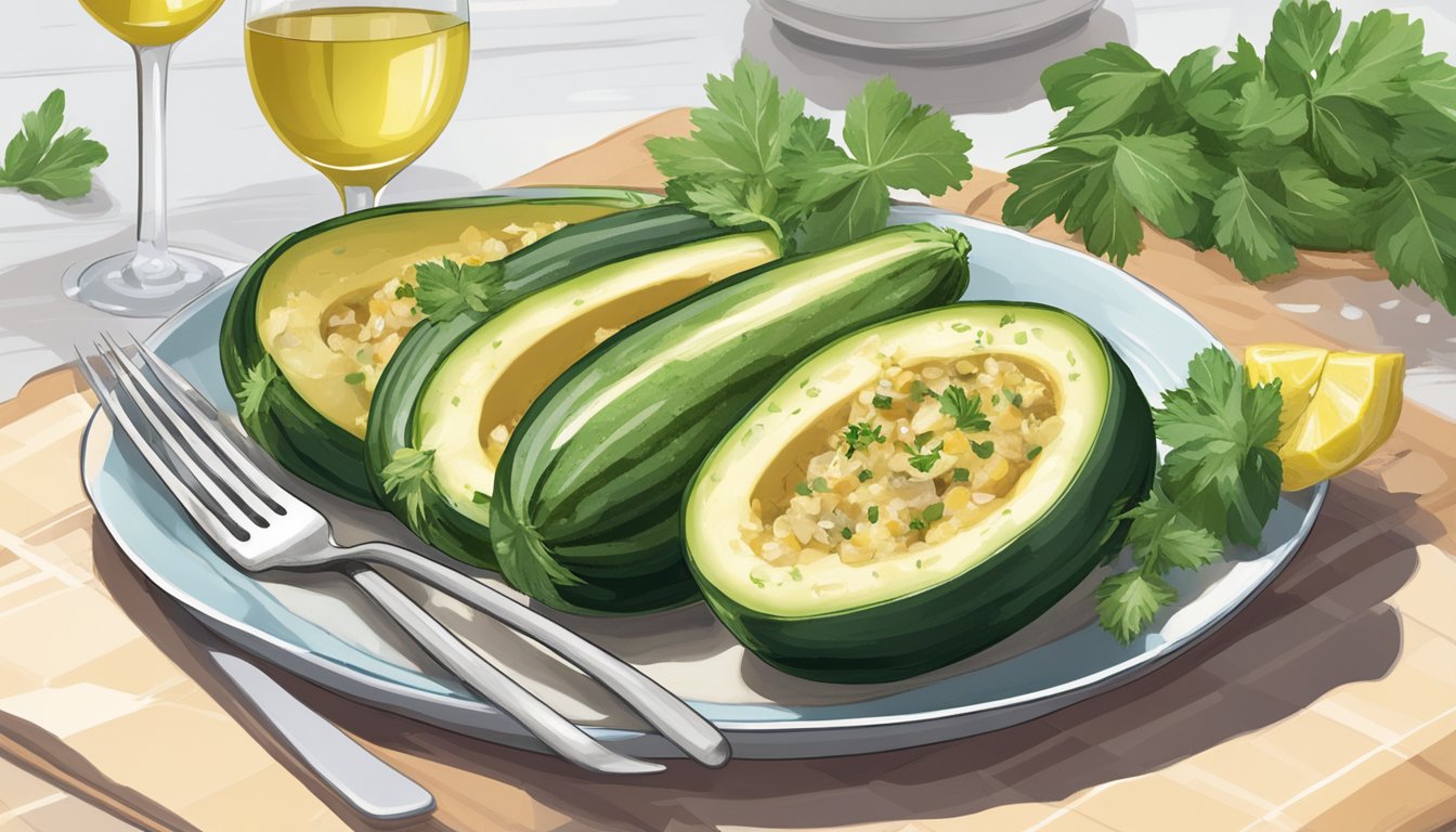 A plate of gluten-free stuffed zucchini being reheated in the microwave, alongside a glass of white wine and a sprig of fresh herbs