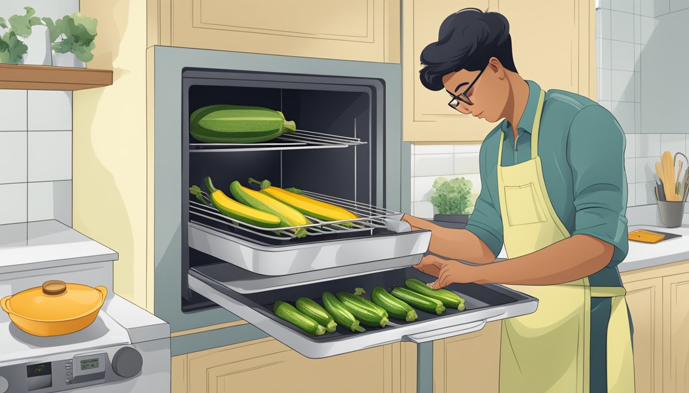 A person using an oven to reheat stuffed zucchini, with a tray of zucchini in the oven and a timer set