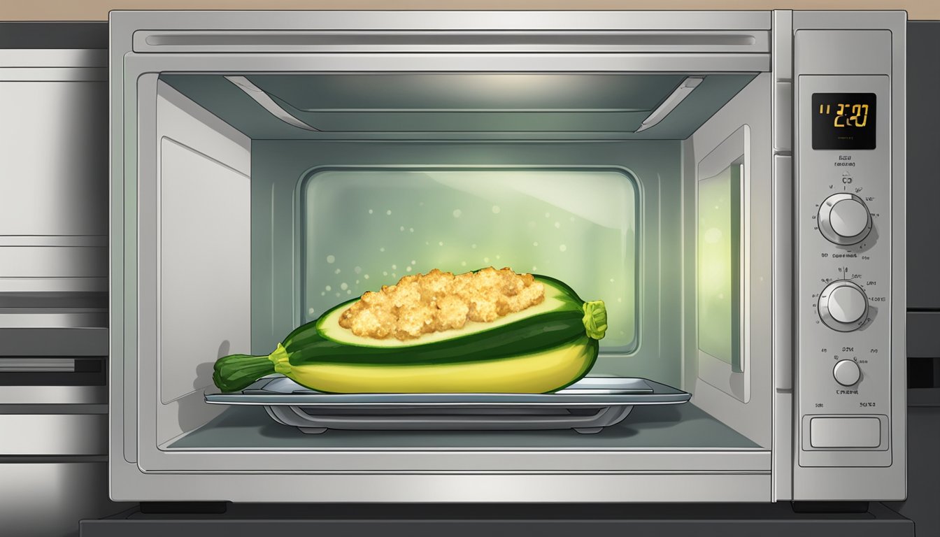 A plate of gluten-free stuffed zucchini sitting in a microwave, with steam rising as it reheats