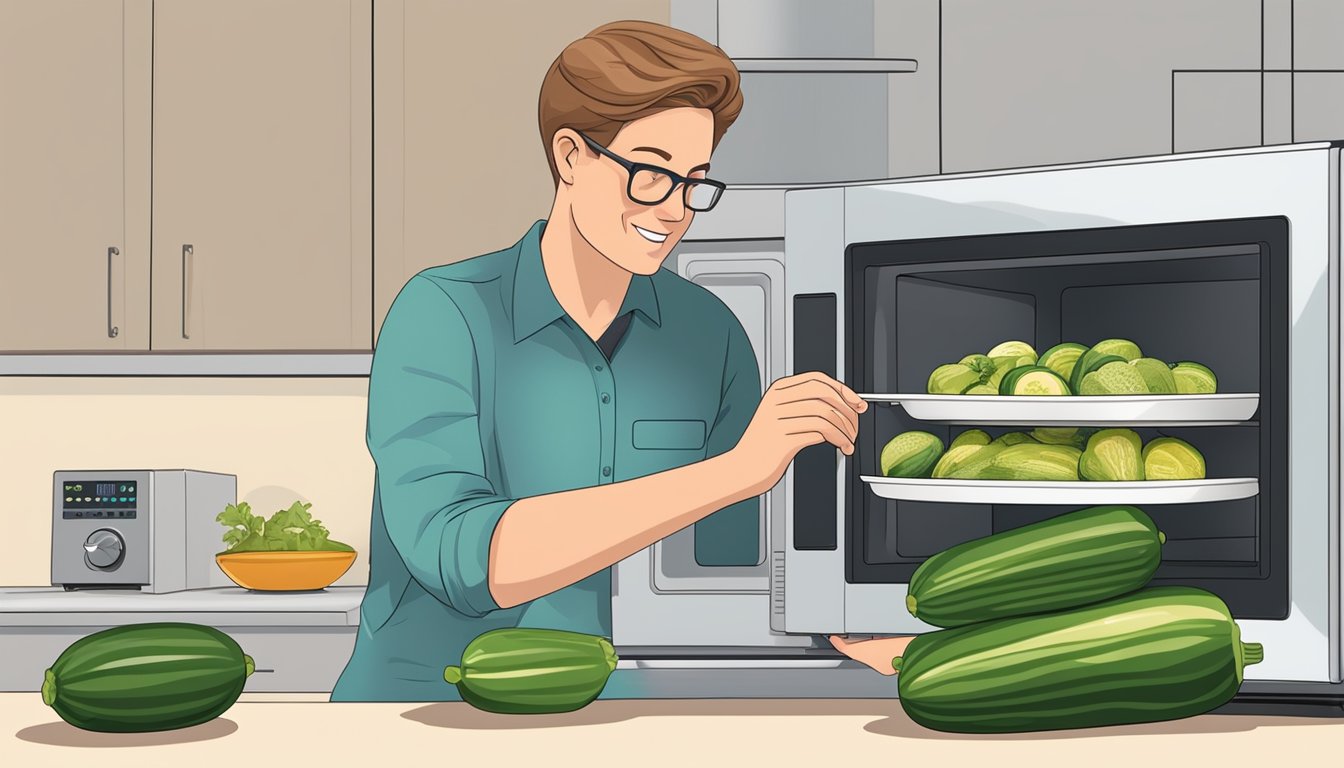 A person places gluten free stuffed zucchini on a microwave-safe plate, covers it with a microwave-safe lid, and sets the timer for reheating