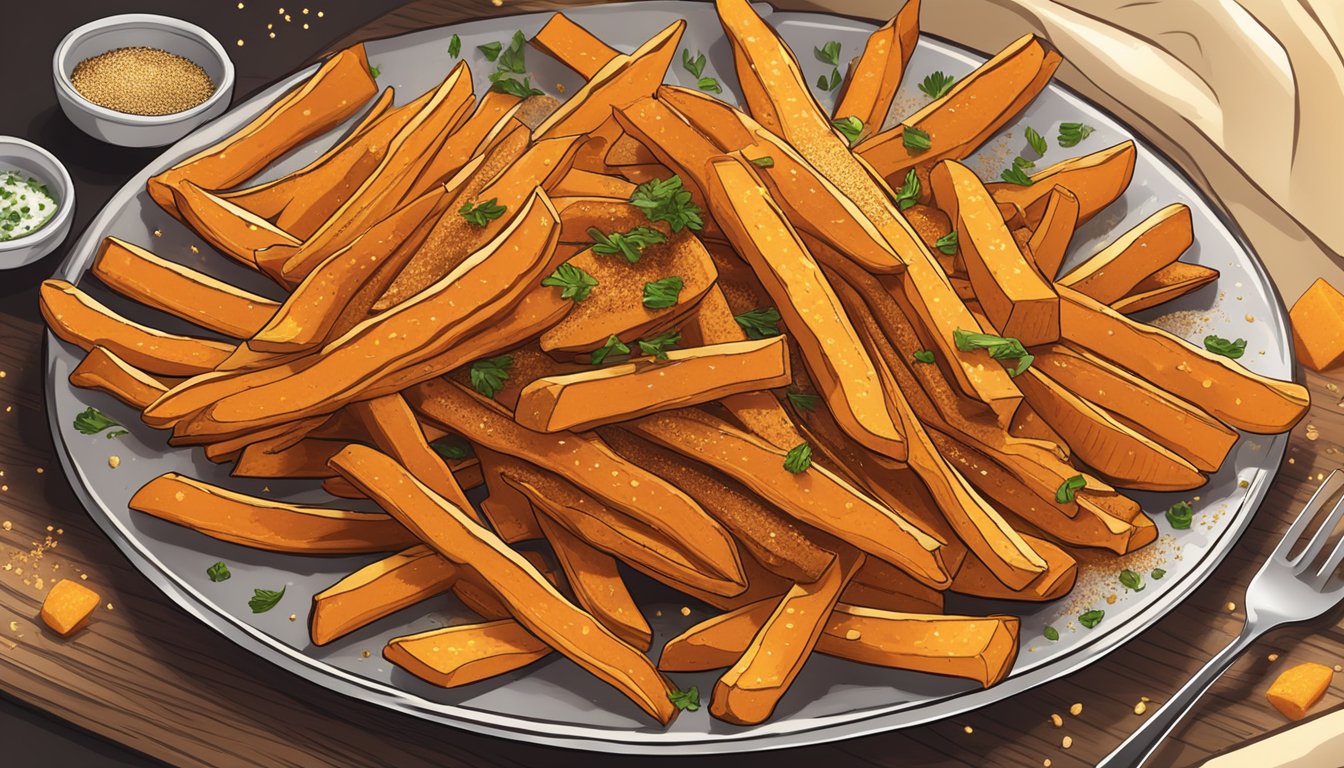 A plate of golden gluten free sweet potato fries being sprinkled with seasoning and flavor enhancements before being reheated in the oven