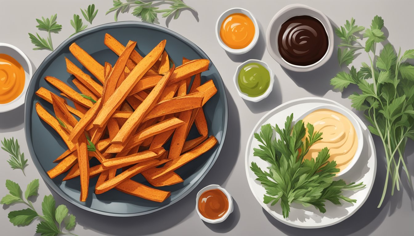 A plate of gluten free sweet potato fries being reheated in the oven, with a side of dipping sauce and a garnish of fresh herbs