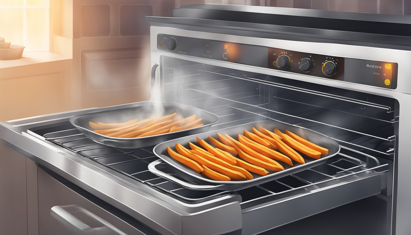 A plate of gluten-free sweet potato fries being reheated in an oven, with a timer set and steam rising from the hot fries