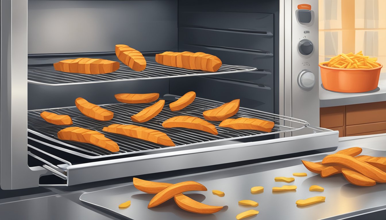 A kitchen scene with a baking sheet of golden gluten-free sweet potato fries being reheated in the oven. A pair of oven mitts are nearby