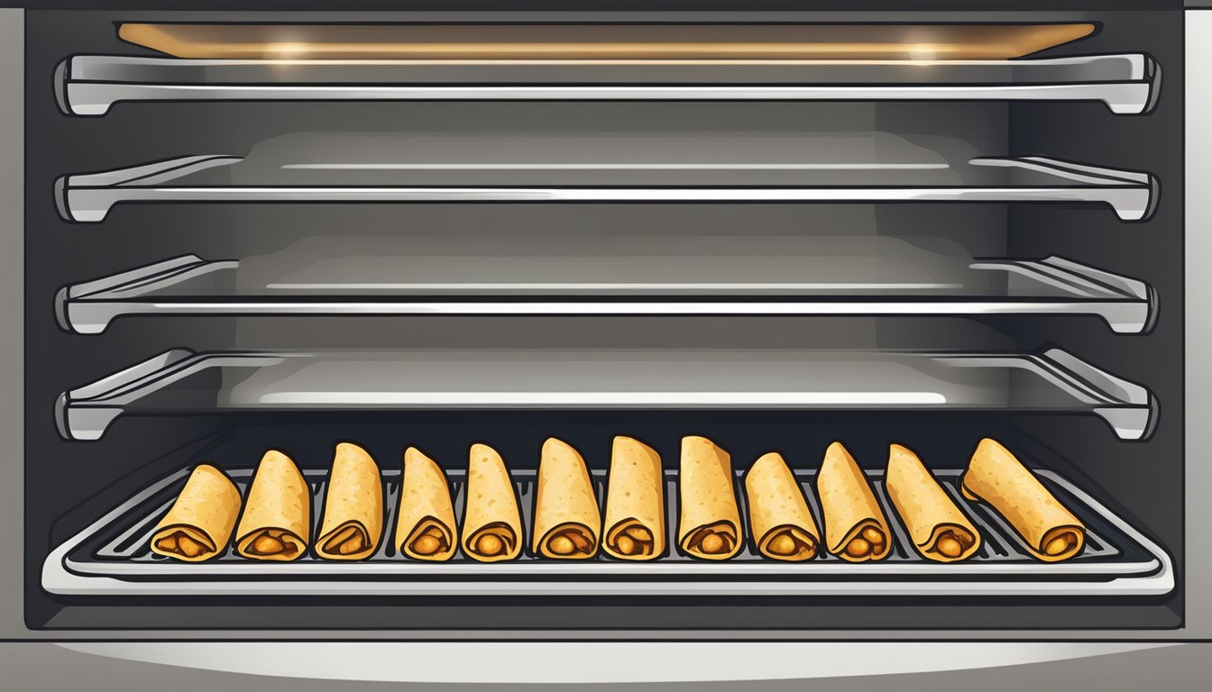 A plate of gluten-free taquitos sits in the oven, golden and crispy, steam rising as they reheat to perfection