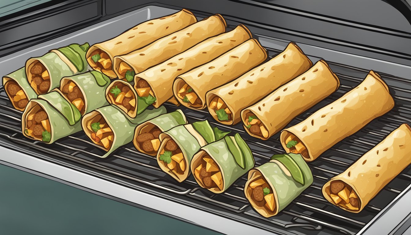 A plate of gluten-free taquitos being reheated in the oven, with the oven door open and the taquitos sizzling on the tray