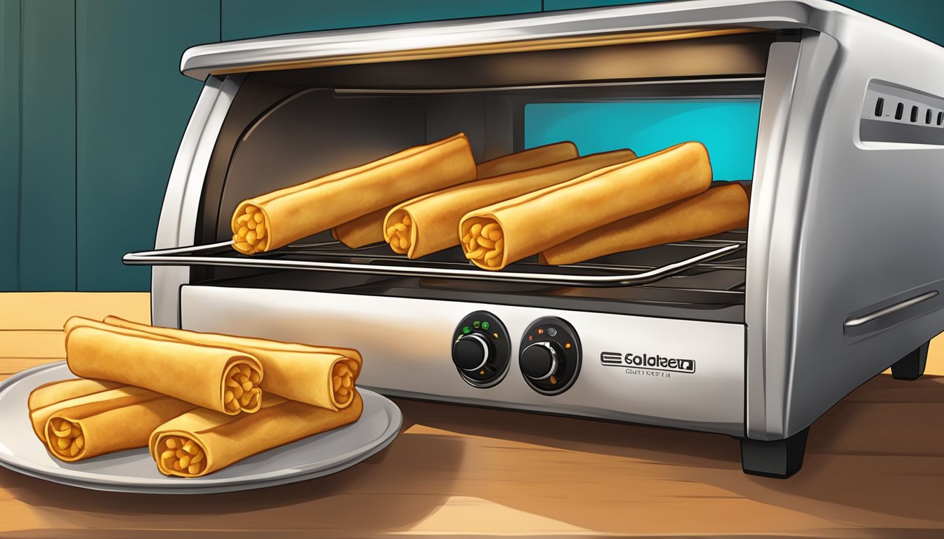 A toaster oven with gluten free taquitos inside, emitting a golden glow as they crisp up to perfection