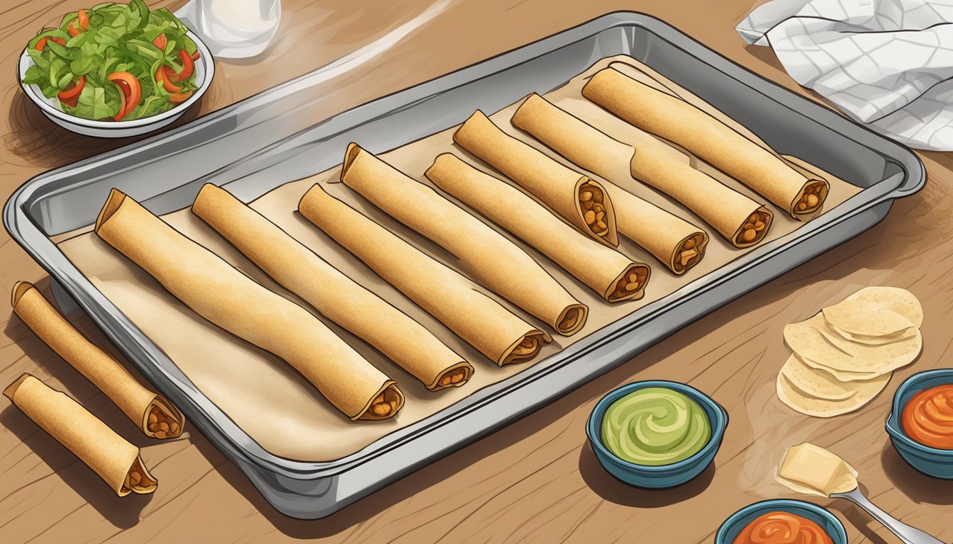 A baking sheet lined with parchment paper, gluten-free taquitos arranged in a single layer, a preheated oven, and a timer set for perfect crispness