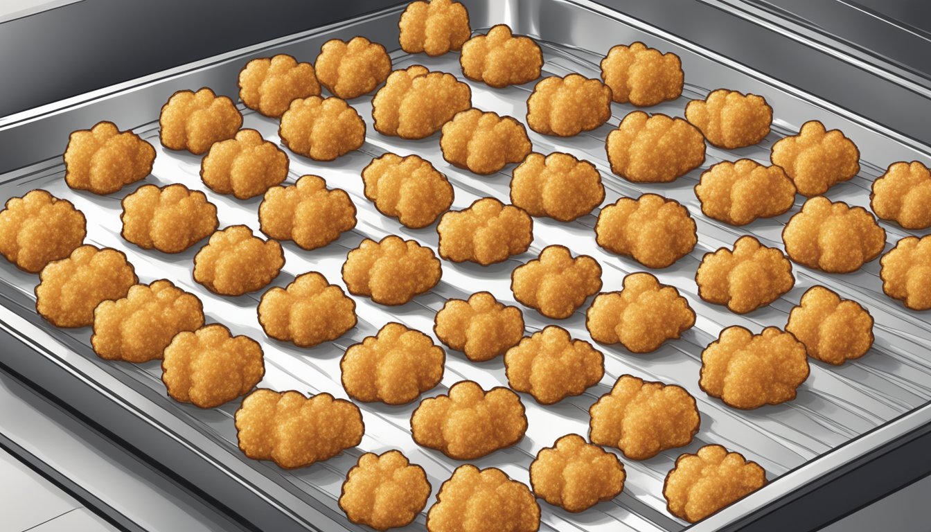 A baking sheet lined with gluten-free tater tots in a single layer, placed in a preheated oven