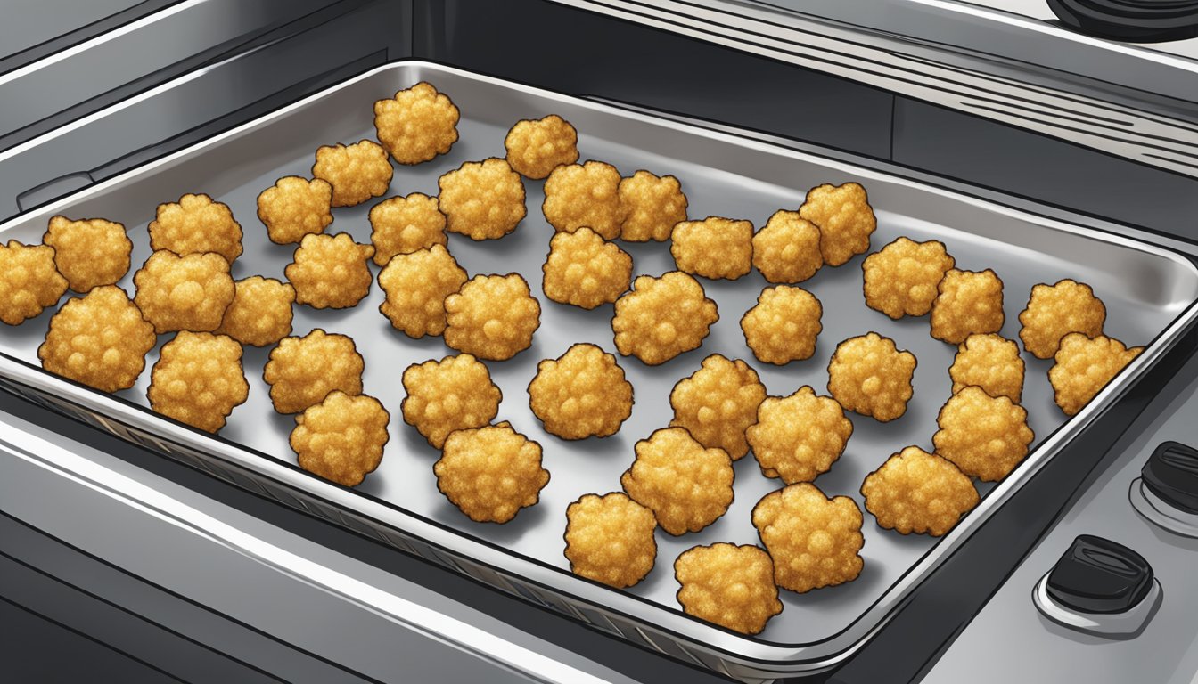 A baking sheet lined with golden gluten free tater tots being removed from the oven