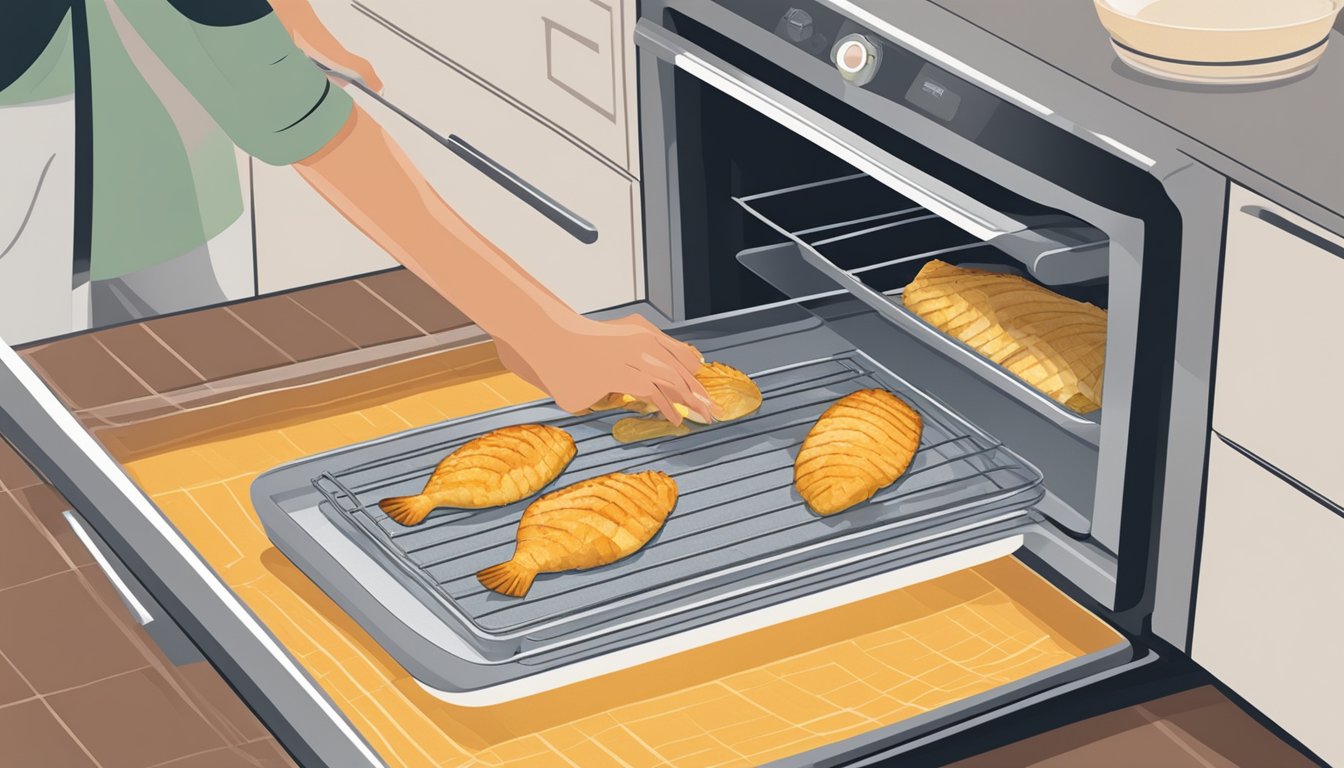 A hand reaching into an oven to pull out a baking sheet with gluten-free tilapia fillets on it