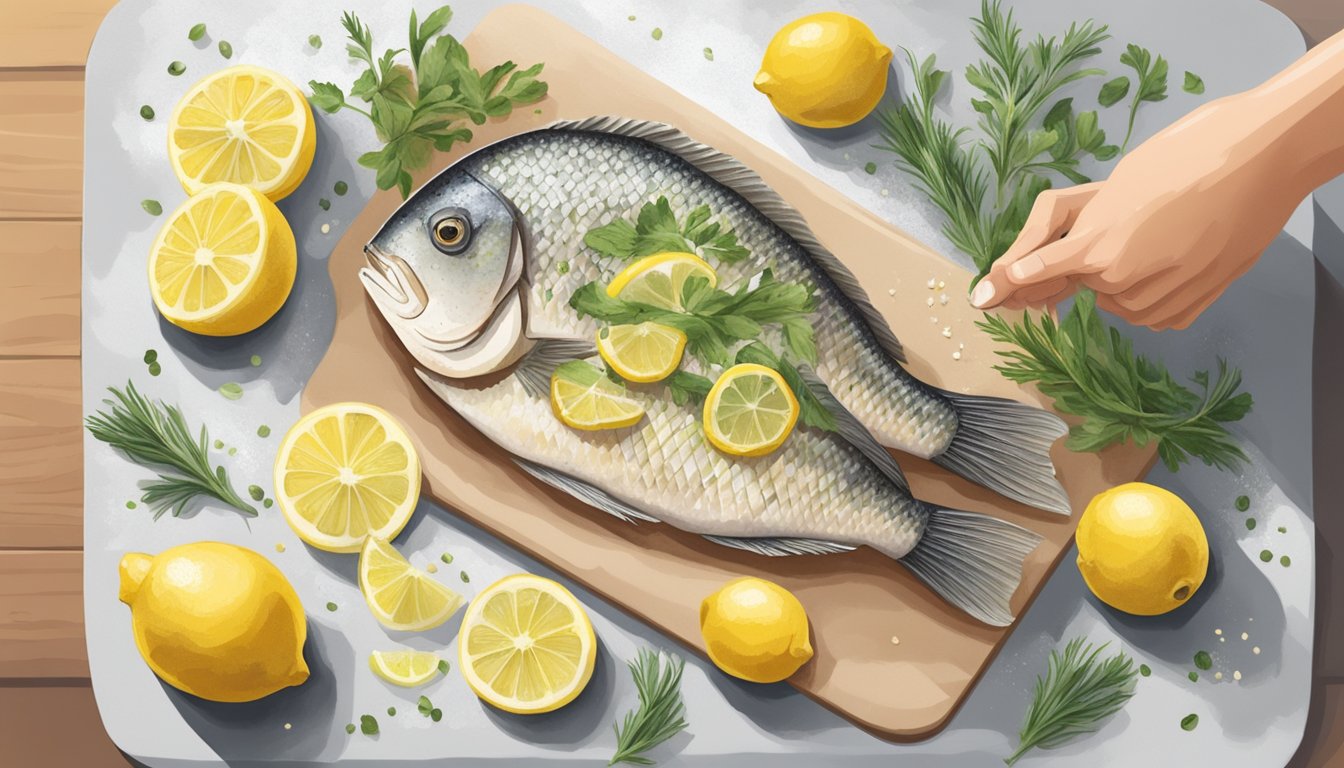 A hand placing a gluten-free tilapia fillet onto a baking sheet, surrounded by a few lemon slices and a sprinkle of herbs